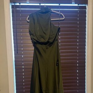Asymmetrical olive green satin dress